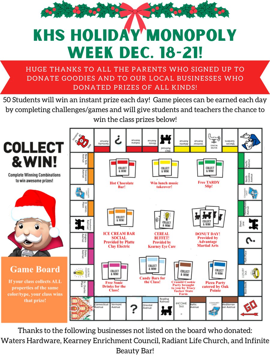 Thank you to all our businesses who have donated to our Holiday Monopoly week.  We appreciate you!