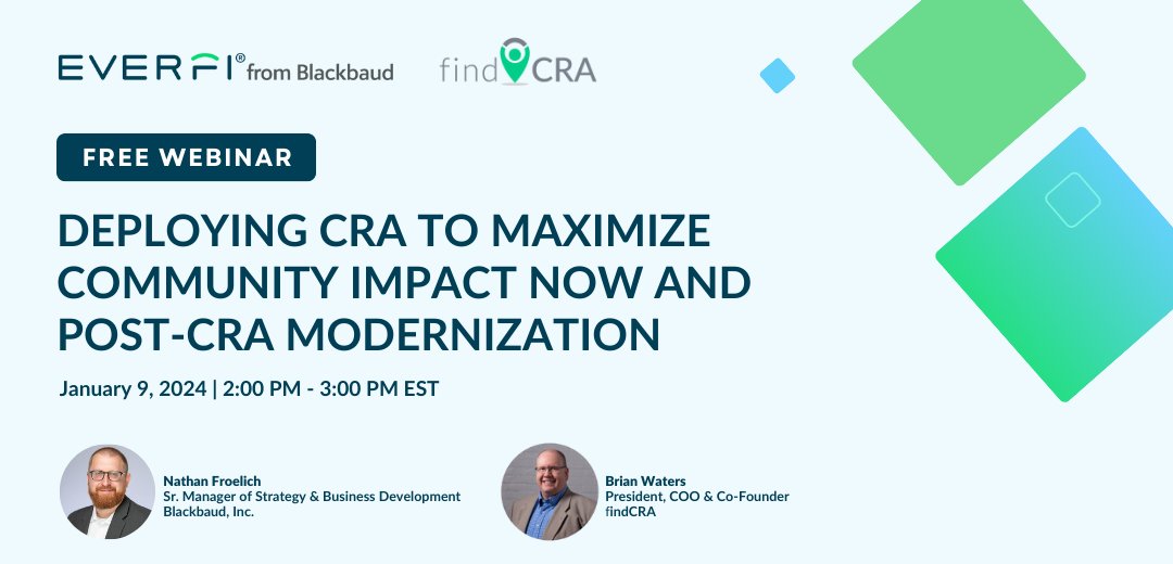 Make plans to kick off 2024 with a CRA webinar! Join us and EVERFI from Blackbaud for a free webinar on January 9th as we discuss the new CRA modernization rule. Register now to reserve your spot. lnkd.in/evn5xHUv #cra #cramodernization #banking #compliance