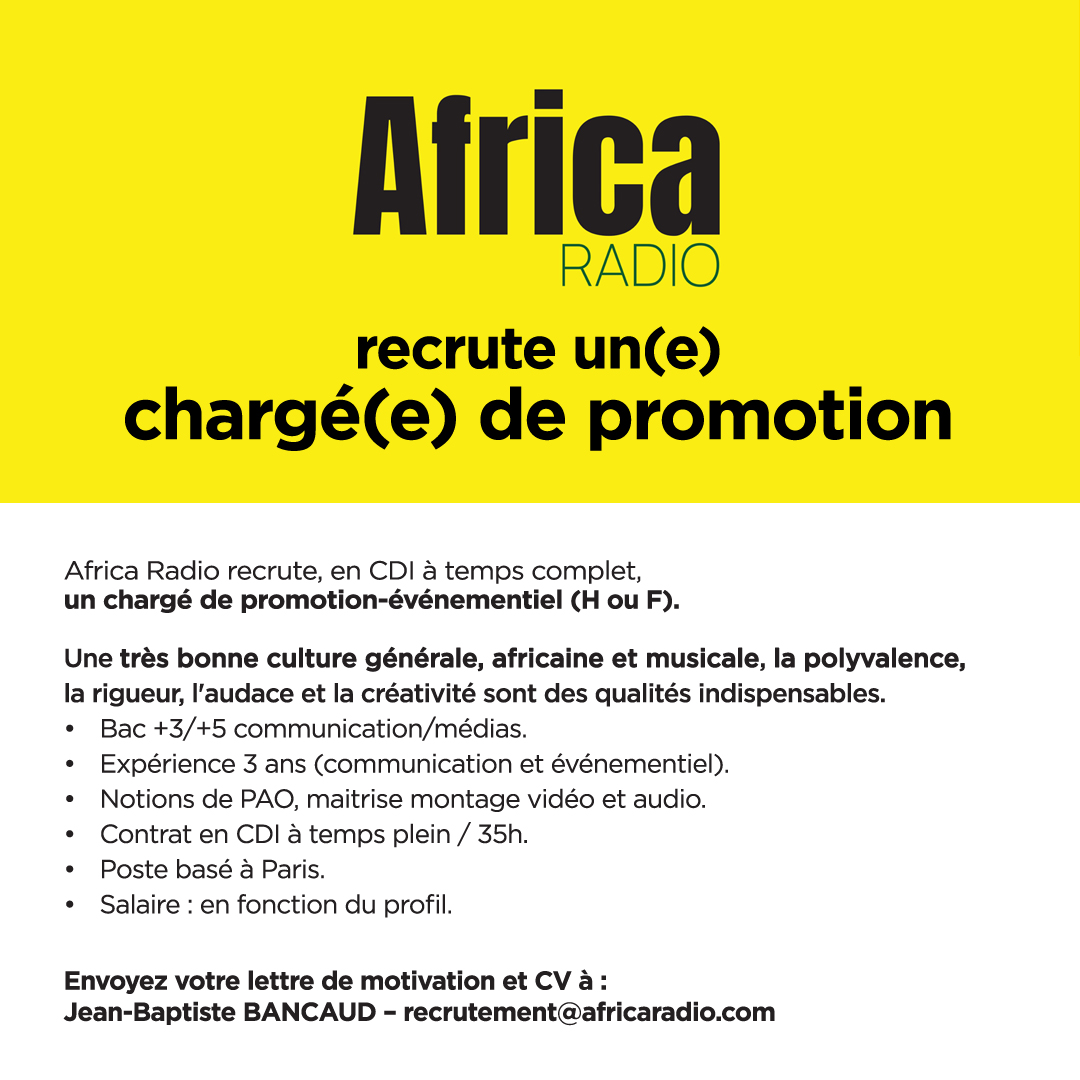 🟡 #Emploi : nous recrutons un chargé de promotion-événementiel (H-F) à #Paris pour
<a href="/africaradioOFF/">Africa Radio</a>
#recrutement #radio #medias