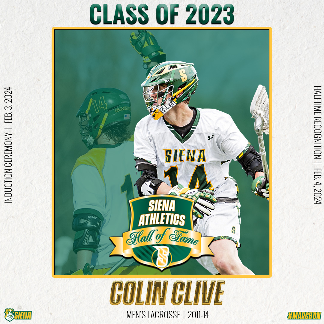 Siena Saints (@sienasaints) on Twitter photo 🏅 Siena Athletics Hall of Fame Class of 2023
🥍 Colin Clive '14, <a href="/SienaLacrosse/">Siena Lacrosse</a>
⭐️ 2⃣✖️ <a href="/MAACSports/">#MAACSports</a> Champion was 2011 MAAC Tournament MOP
⭐️ 2⃣✖️ All-MAAC selection
⭐️ 5⃣th in program history in goals
Proud to honor Colin's memory with this most worthy recognition
#MarchOn 🏅 Siena Athletics Hall of Fame Class of 2023
🥍 Colin Clive '14, <a href="/SienaLacrosse/">Siena Lacrosse</a>
⭐️ 2⃣✖️ <a href="/MAACSports/">#MAACSports</a> Champion was 2011 MAAC Tournament MOP
⭐️ 2⃣✖️ All-MAAC selection
⭐️ 5⃣th in program history in goals
Proud to honor Colin's memory with this most worthy recognition
#MarchOn