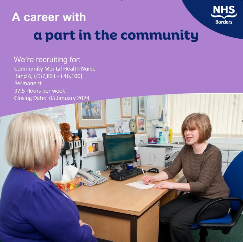 Employability (@employnhsb) on Twitter photo We have an exciting opportunity to join The Community Rehabilitation Team here at <a href="/NHSBorders/">NHS Borders</a>. The team provides assessment, treatment, recovery focused support for adults with a diagnosis of a severe and enduring mental illness.
apply.jobs.scot.nhs.uk/Job/JobDetail?… We have an exciting opportunity to join The Community Rehabilitation Team here at <a href="/NHSBorders/">NHS Borders</a>. The team provides assessment, treatment, recovery focused support for adults with a diagnosis of a severe and enduring mental illness.
apply.jobs.scot.nhs.uk/Job/JobDetail?…