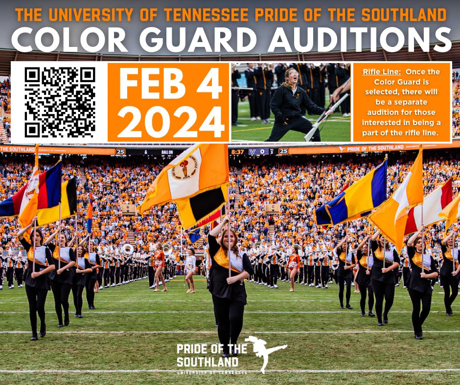 Auditions for the Pride of the Southland Color Guard will be LIVE and in-person on February 4th on the campus of the University of Tennessee! For more details and the form to sign up, scan the QR code or visit utbands.utk.edu/marching-band/…