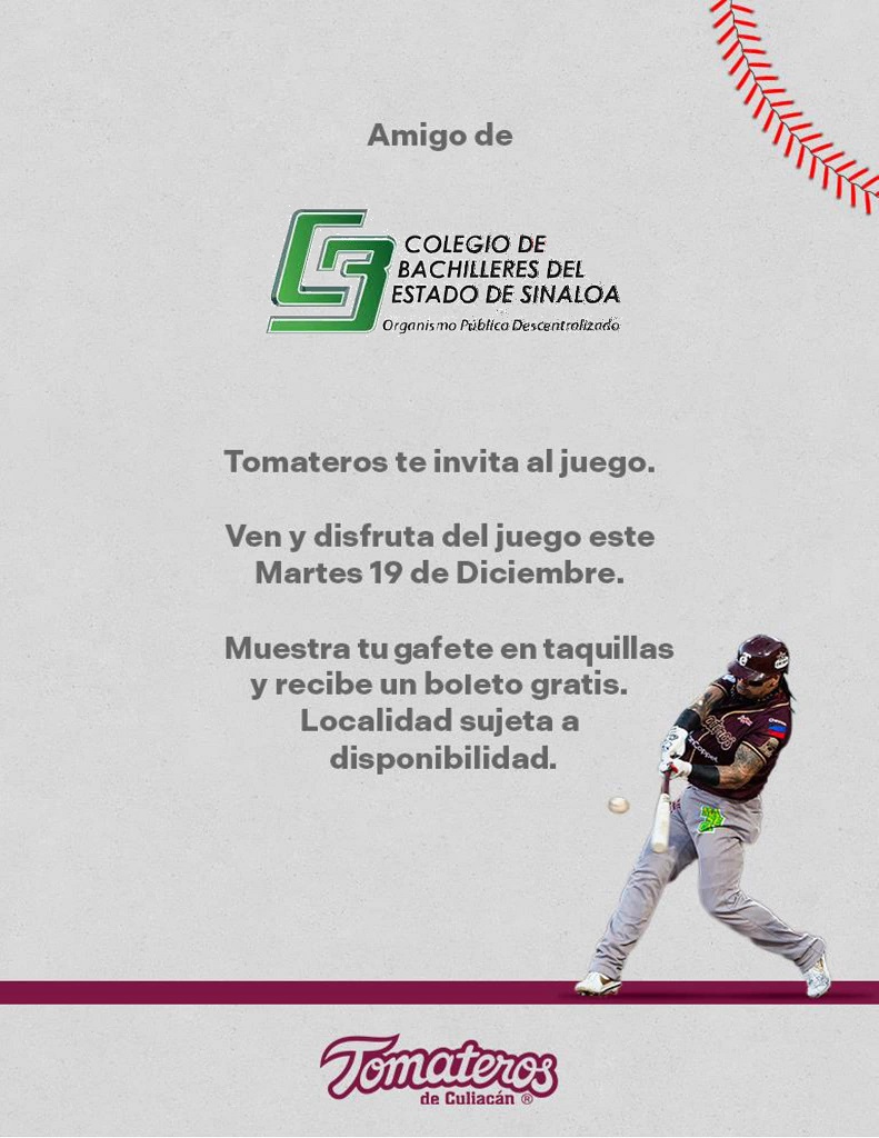 La comunidad estudiantil de El Cobaes Sinaloa podra entrar al beisbol ..gratis @SanInzunza 
#nucleoinformativo #Deportes #Sinaloa #beisbol 
#CobaesNoticias | hoy martes 19 de diciembre a las 7:00 PM se llevará a cabo el juego de los Tomateros de Culiacán Vs los Charros de Jalisco