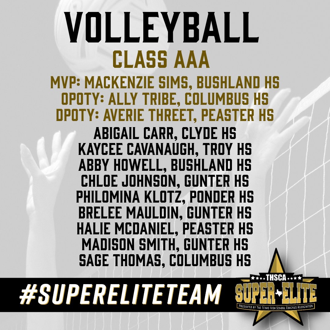 Congratulations to the 2023 THSCA 3A Volleyball #SuperEliteTeam! These athletes earned a spot through their exceptional talent, dedication, and remarkable performances this season!

thsca.com/super-elite-te…