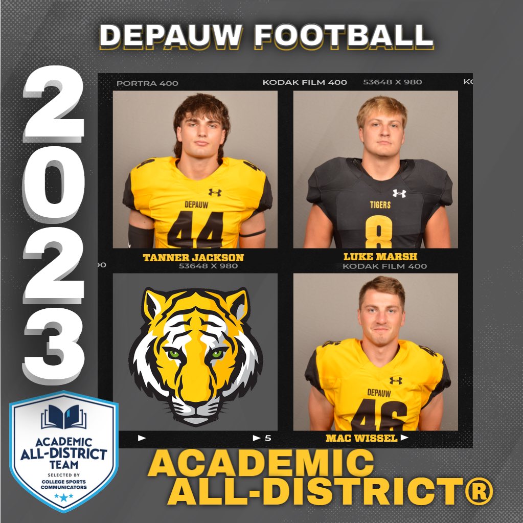 Seven members of the @DePauwTigersFB team were named to the @CollSportsComm academic all-district® team! Congratulations Robby Ballentine, Jonathan Bruder, Ryland Irvin, Tanner Jackson, Mac Wissel, Luke Marsh, Nathan Creed! #TeamDePauw #d3fb