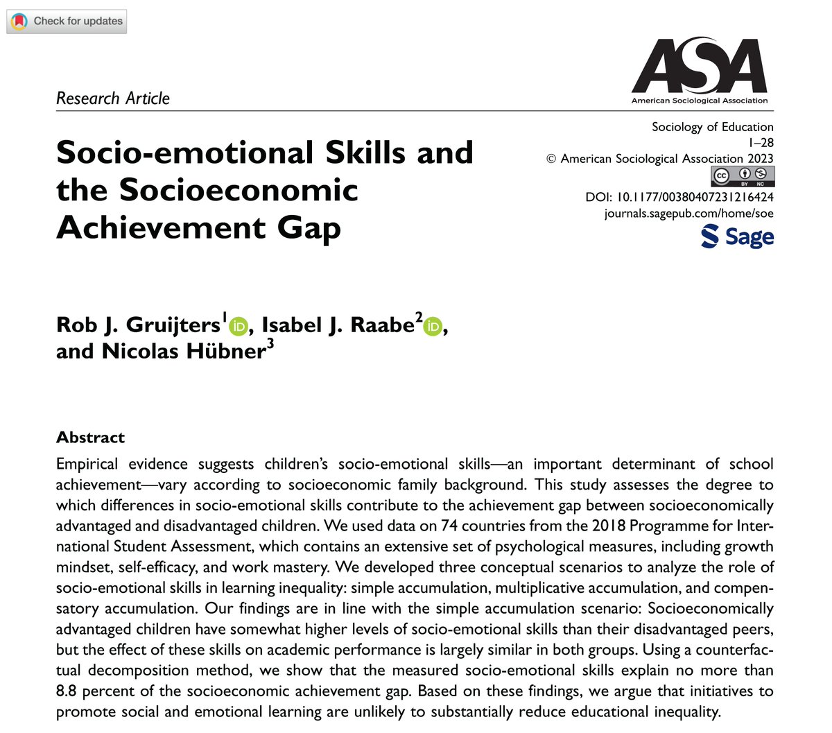 📊New paper out in @SocEducation! @n_hueb, Isabel Raabe & I look at the role of socio-emotional skills in educational inequality. Full paper (open access): journals.sagepub.com/doi/10.1177/00…, summary ⬇️1/n
