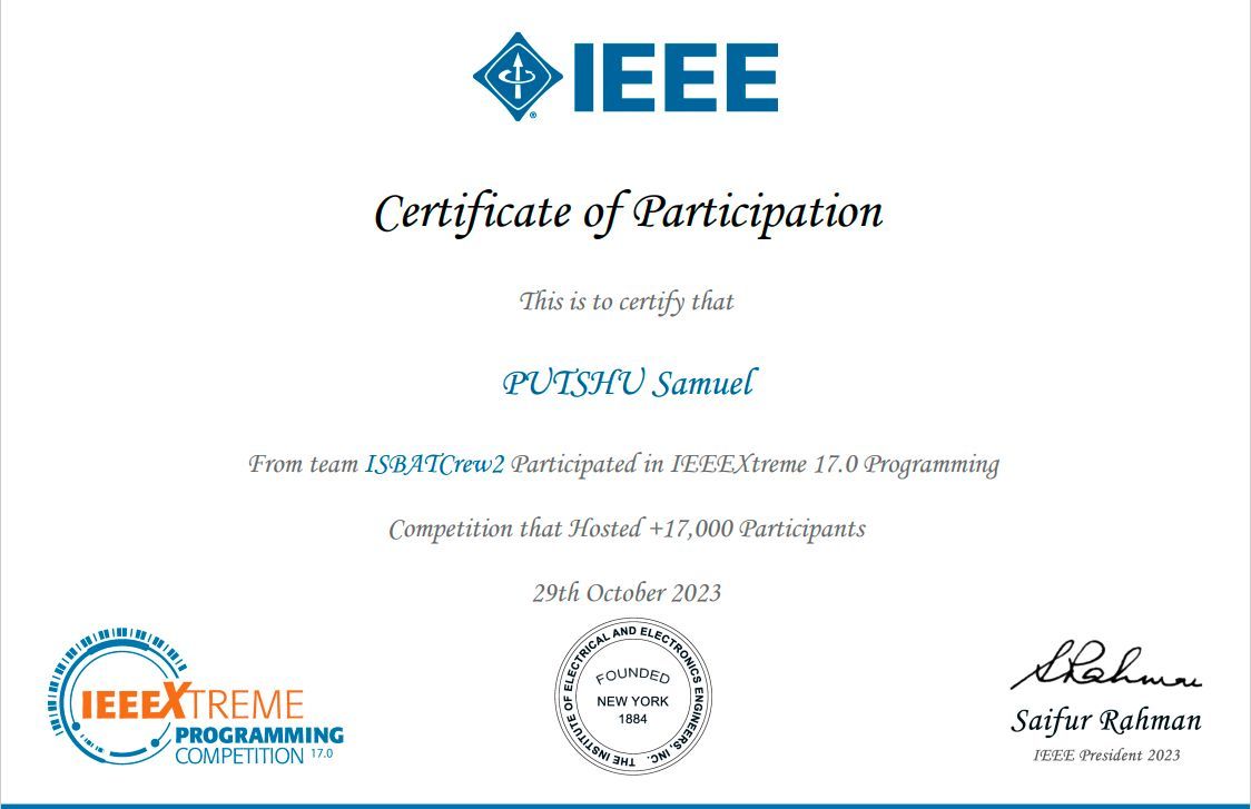 LungheSam's tweet image. 🏅 Exciting news! Just got my Certificate of Participation in the IEEEXtreme 17.0 2023 Programming Competition! 🚀💻 Grateful for the coding journey and pumped for what&apos;s next! 💪🌟 #IEEEXtreme17 #ProgrammingAdventure #IEEE  🏆🔍