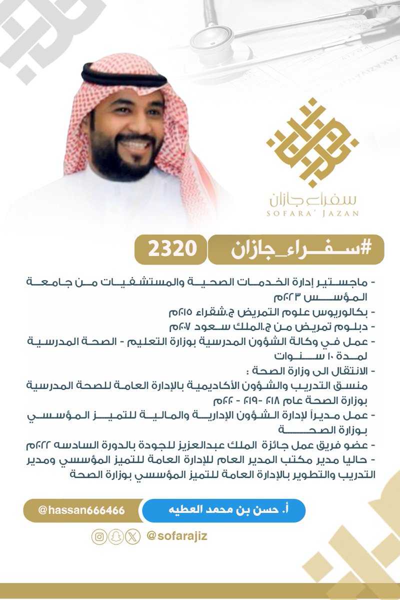 سفراء جازان (@sofarajiz) on Twitter photo #سفراء_جازان 2320
- ماجستير إدارة الخدمات الصحية والمستشفيات من جامعة المؤسس
- مدير مكتب المدير العام للإدارة
العامة للتميز المؤسسي | ومدير
التدريب والتطوير بالإدارة العامة
للتميز المؤسسي بوزارة الصحة
أ. حسن بن محمد العطيه
<a href="/hassan666466/">حسن العطيه</a> #سفراء_جازان 2320
- ماجستير إدارة الخدمات الصحية والمستشفيات من جامعة المؤسس
- مدير مكتب المدير العام للإدارة
العامة للتميز المؤسسي | ومدير
التدريب والتطوير بالإدارة العامة
للتميز المؤسسي بوزارة الصحة
أ. حسن بن محمد العطيه
<a href="/hassan666466/">حسن العطيه</a>