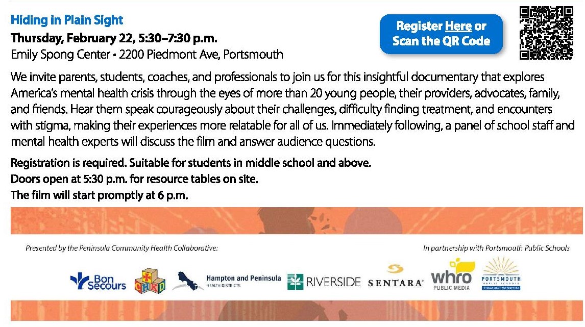 Velverlee (@wms_liaison) on Twitter photo Hiding In Plain Sight will be presented by the Peninsula Community Health Collaborative in partnership with PPS Middle School Liaisons. The documentary explores America's mental health crisis and will be followed by a panel discussion and Q&A. <a href="/PortsVASchools/">Portsmouth Schools</a> <a href="/cavalier_corner/">Cavalier Corner</a> Hiding In Plain Sight will be presented by the Peninsula Community Health Collaborative in partnership with PPS Middle School Liaisons. The documentary explores America's mental health crisis and will be followed by a panel discussion and Q&A. <a href="/PortsVASchools/">Portsmouth Schools</a> <a href="/cavalier_corner/">Cavalier Corner</a>