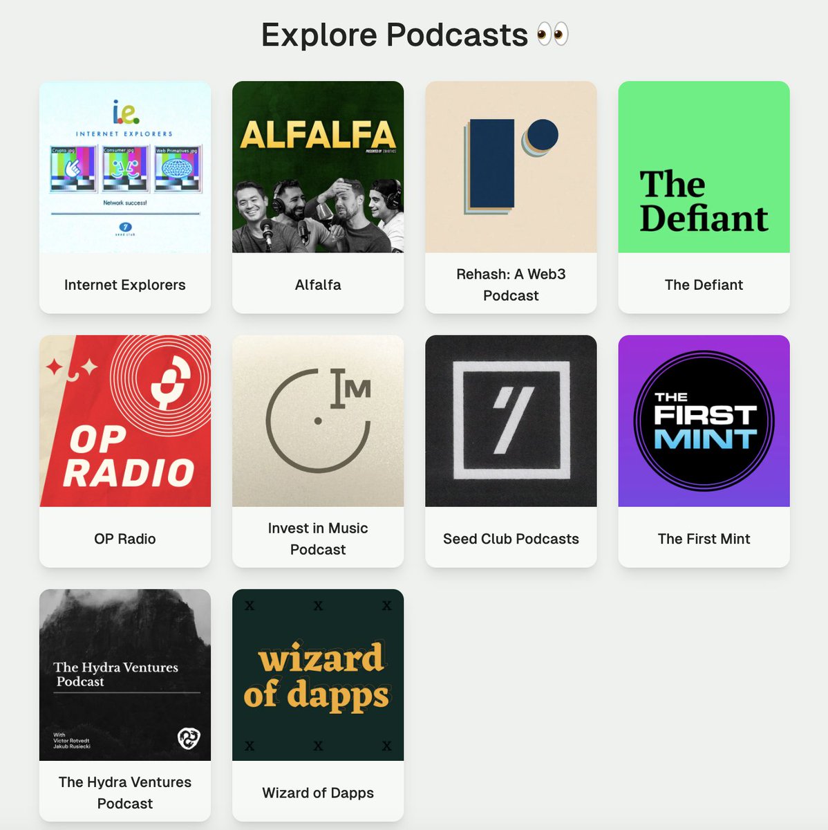 Shoutout to the early pioneers of onchain media 

<a href="/invinmusic/">Invest in Music</a> 
<a href="/DefiantNews/">The Defiant</a>
<a href="/alfalfapod/">Alfalfa 🌾</a> 
<a href="/rehashweb3/">Rehash: A Web3 Podcast 🎙️</a> 
<a href="/Optimism/">optimism.eth</a> 
<a href="/seedclubhq/">SEED 🌱 CLUB</a> 
<a href="/TheFirstMint/">TheFirstMint</a> 
<a href="/HydraVentures_/">Hydra Ventures</a> 

We salute you🫡