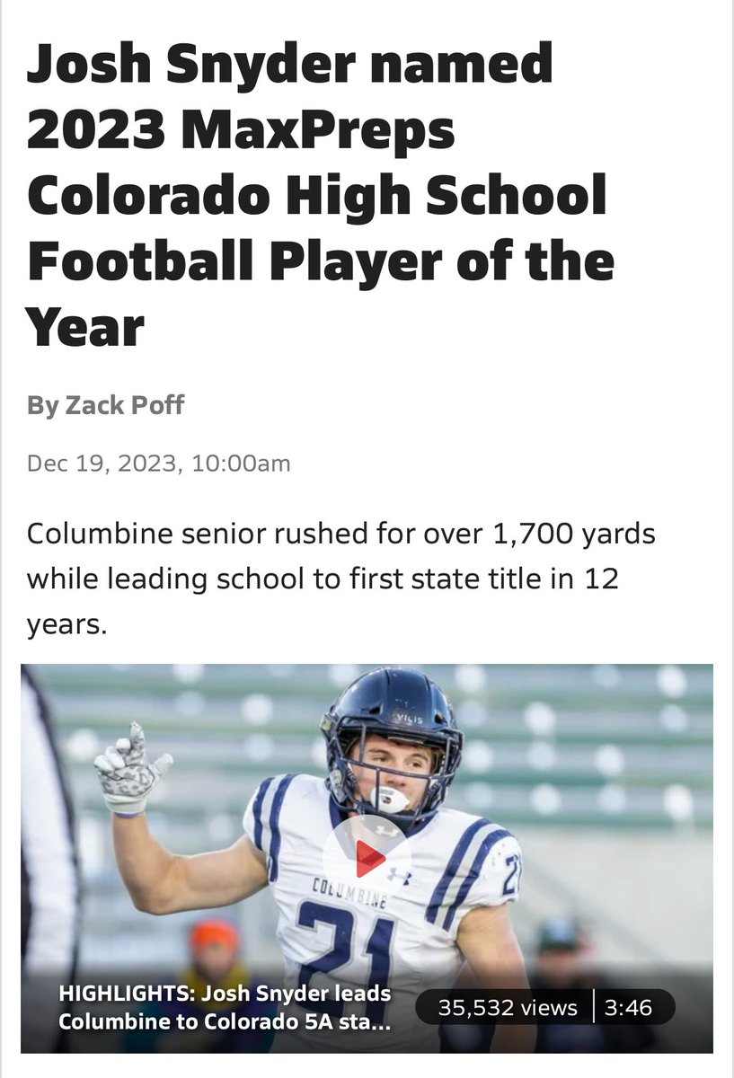 Super excited and blessed to be named the @MaxPreps 2023 Colorado High School Football Player of the Year! @Columbineftbl @AndyLowry11 @TheRebelWay1 @coach_vigil