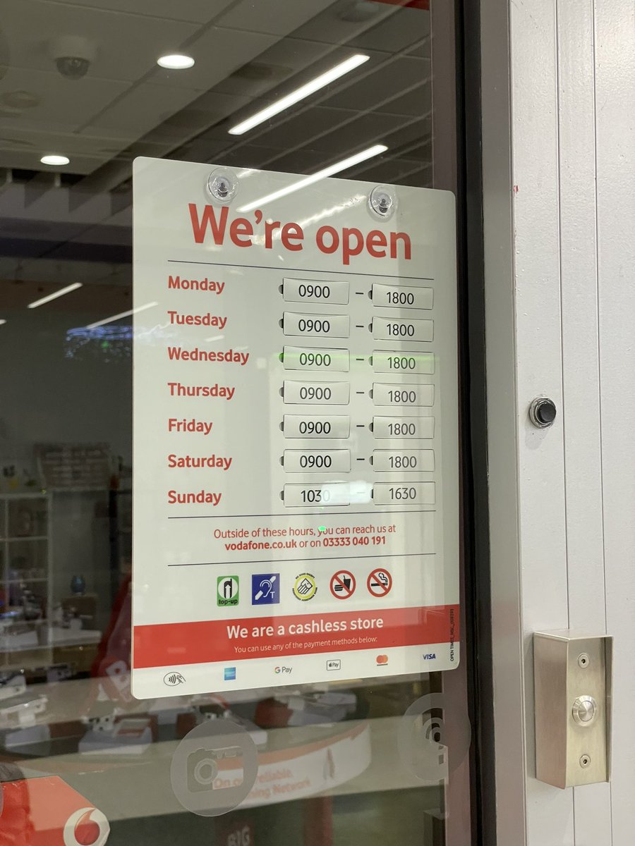 Hi @VodafoneUK I think your website needs updating. It says your Telford store is open till 8pm Monday-Wednesday but it’s 7:15pm on Tuesday and it’s closed. Wasted journey to collect an order!