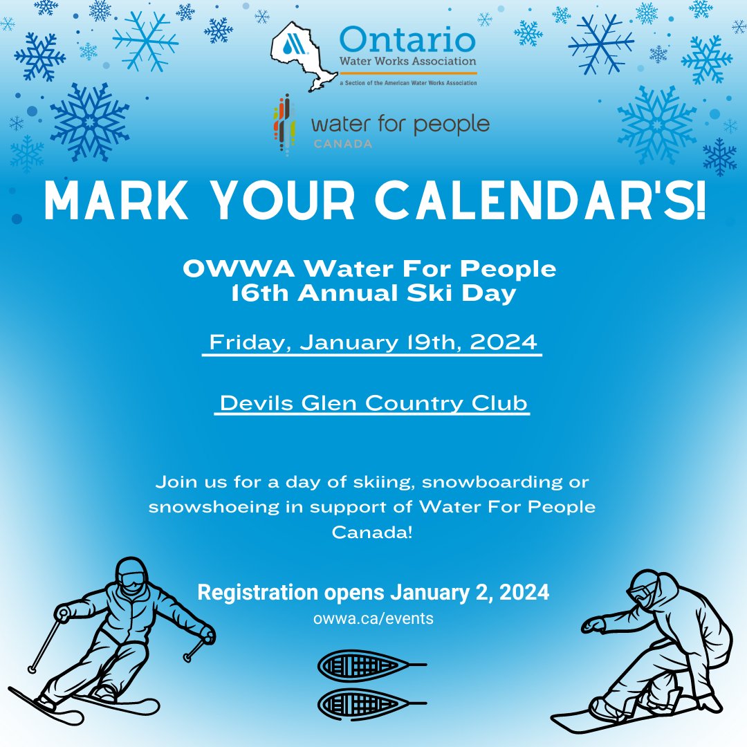 Mark your calanders! The OWWA Water For People 16th Annual Ski Day will be taking place on January 19th, 2024 at the Devil's Glen Country Club! 
Registration opens January 2nd. For more info, please visit: owwa.ca/events/index.h…
<a href="/waterforpeople/">Water For People</a>