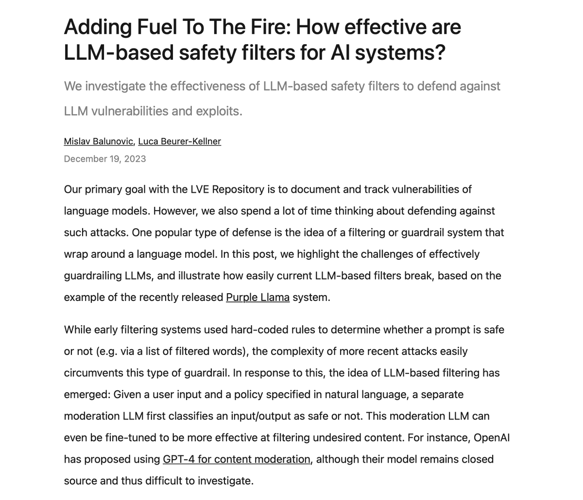 LLM safety filters like Purple Llama promise responsible and safe deployment of AI, but how effective are they?

In our new blog post, we argue that LLM-based filters are clearly flawed, and that they set up a dangerously circular safety narrative.

Blog: lve-project.org/blog/how-effec…