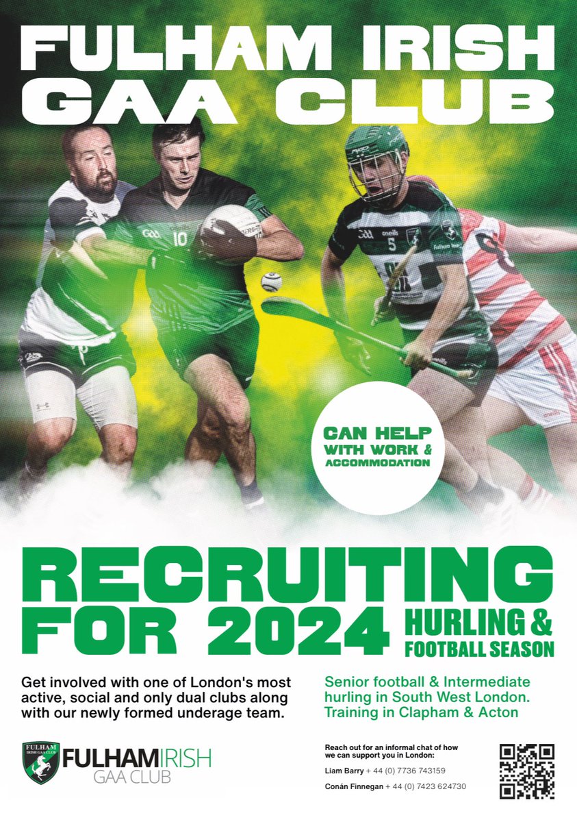 Looking to get involved in London hurling/football for 2024? See poster for contact details and scan the QR code to fill in your details 👍🏑🏐

Join and become part of a social GAA club ⚫️🟢
#fulhamirishgaa #LondonGAA #GAA #irishinlondon

docs.google.com/forms/d/1Vg0iy…