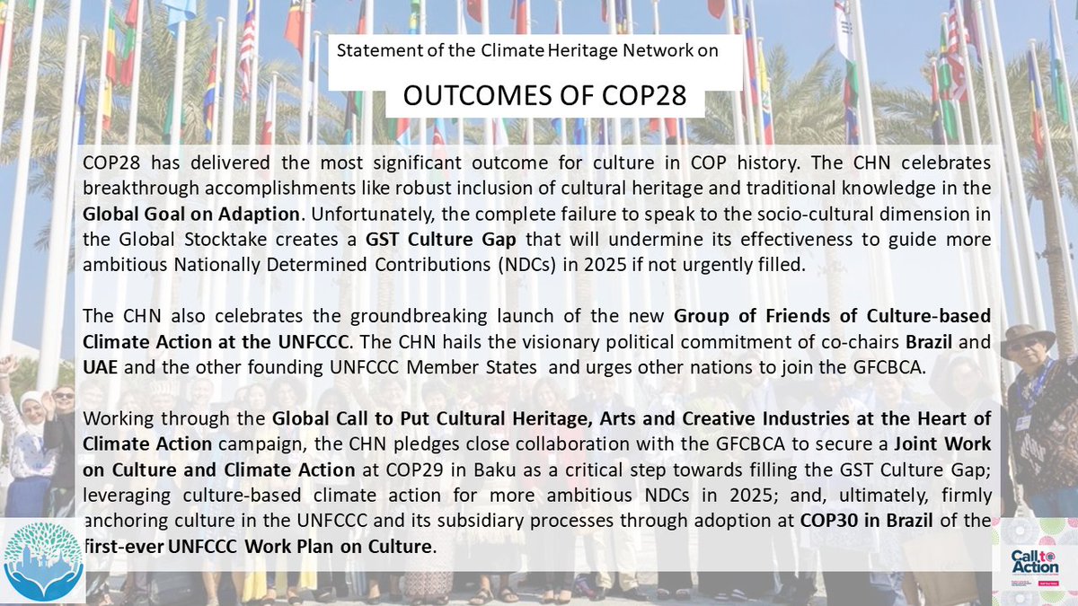 #COP28 is the most significant for culture in COP history, with big accomplishments like the Global Goal on Adaptation & new Group of Friends of Culture.🌏But the #GSTCultureGap must urgently be corrected.💪🏽
Read our full analysis: mailchi.mp/climateheritag…

#CultureAtCOP28 #GFCBCA