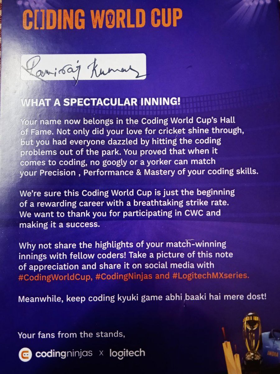 RaviRaaZ_Tiwari's tweet image. I'm feeling so grateful and proud to be a part of the Coding World Cup! Thanks to @CodingNinjasOff and @logitech for the awesome T-shirt and the appreciation note. I can't wait to wear them and show off my coding skills. #CodingWorldCup #CodingNinjas #LogitechMXSeries