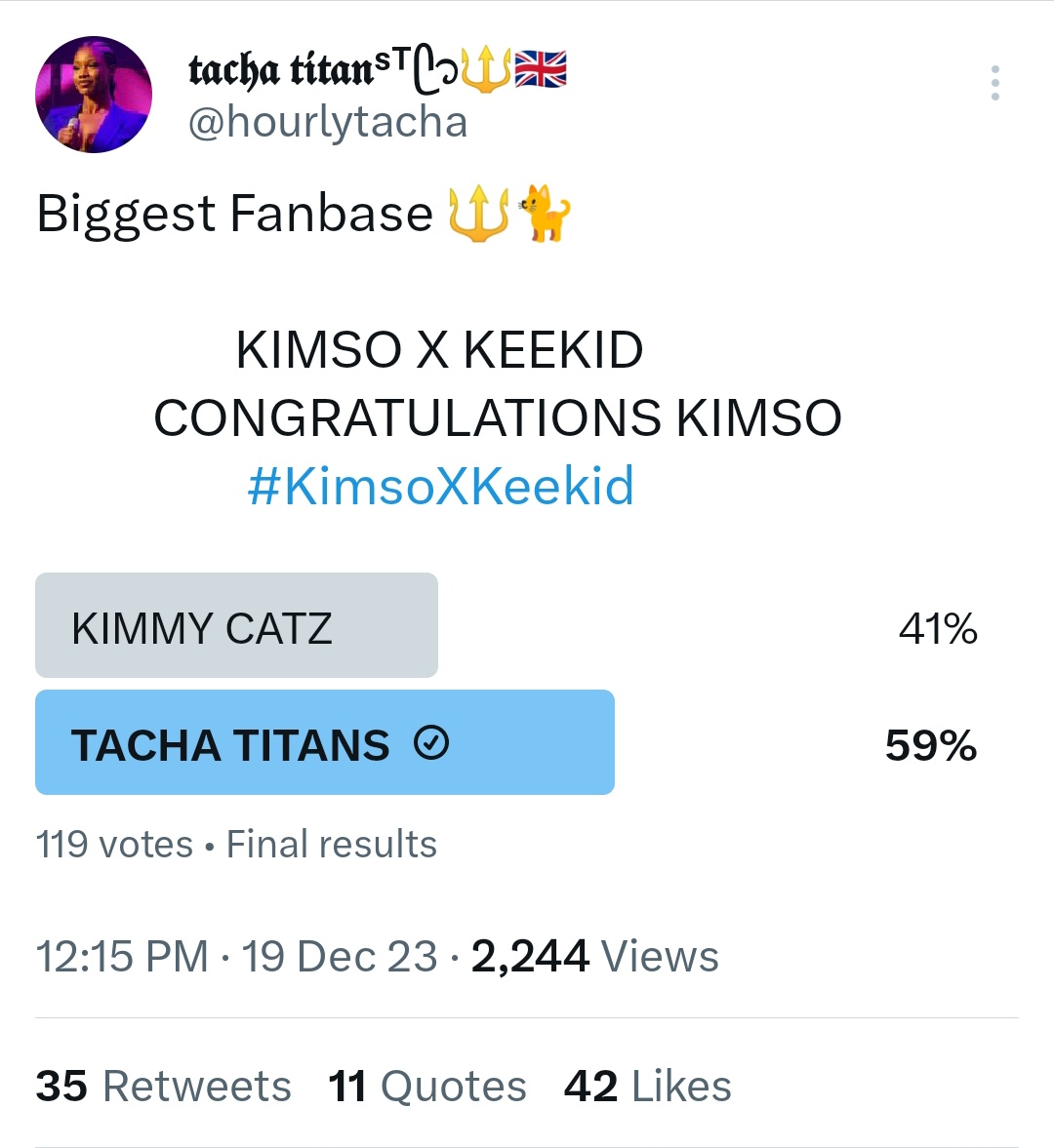 Kimmy CaTz ko pussy cat ni🌚🌚see gap🌚😎 Don't play with Tacha Titans

KIMSO X KEEKID
          CONGRATULATIONS KIMSO
                  #KimsoXKeekid