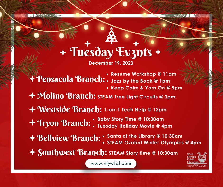 MyWFPL's tweet image. Whether you want to learn how to build a resume or tree light circuits, West Florida Public Libraries has an event for you today! 🦉🎄

See below for more information, or visit mywfpl.com.

#WFPL  #communityevents #libraryprograms #skilldevelopment
