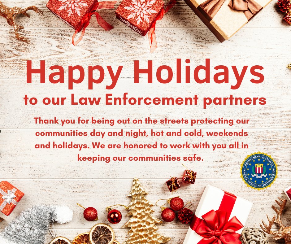 #FBI Jacksonville wishes all of our law enforcement partners across North Florida a safe and joyous #holiday season. We are honored to work shoulder-to-shoulder with you to protect our communities.