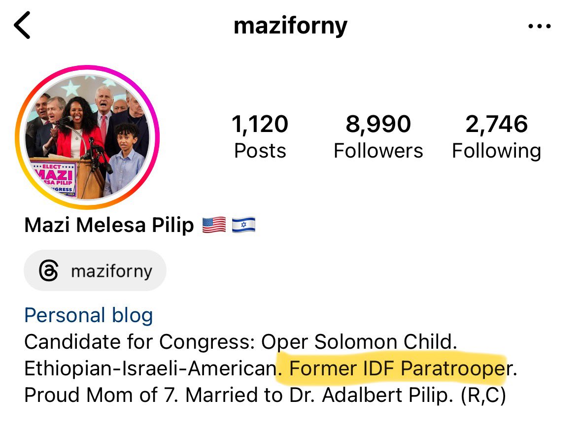 Pilip served in an IDF paratrooper unit, but didn’t jump from planes herself, the #NY03 nominee tells @matthewkassel. She self-ID’ed as a “paratrooper” on IG, which feels misleading. BUT idk whether or not that’s standard practice for all folks in unit. jewishinsider.com/2023/12/mazi-m…