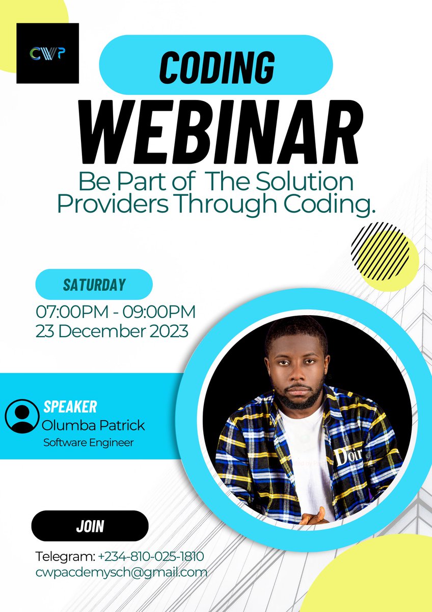 patrick__olumba's tweet image. CWP Academy Unlocks the Power of Programming!
It’s absolutely free $0
Embrace the world of coding with our upcoming webinar! 🌐 This event is tailored to empower you on your coding journey.
Join us here
lnkd.in/dUHm8vTf
#CodingWebinar #TechSkills #LearnToCode