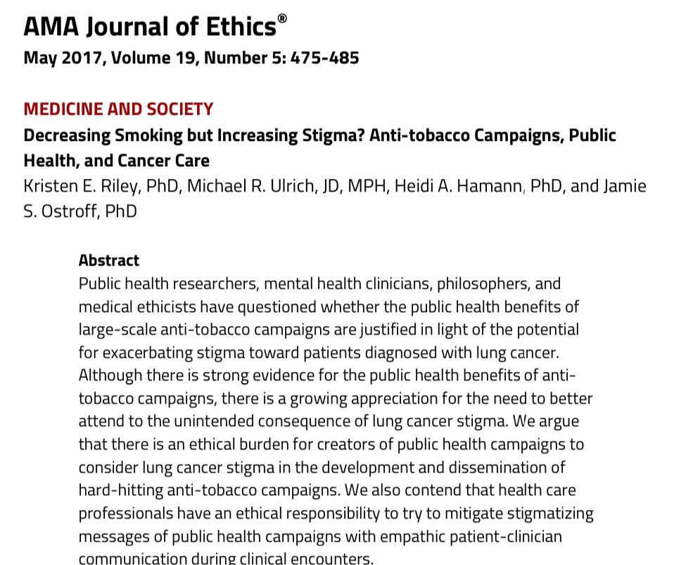 There continues to be a tug-of-war between those who prefer Fear Based Messaging for smoking cessation campaigns and those who want to remove the stigma that these campaigns create for people with lung cancer. Learn more and help END THE STIGMA. #radonc journalofethics.ama-assn.org/sites/joedb/fi…