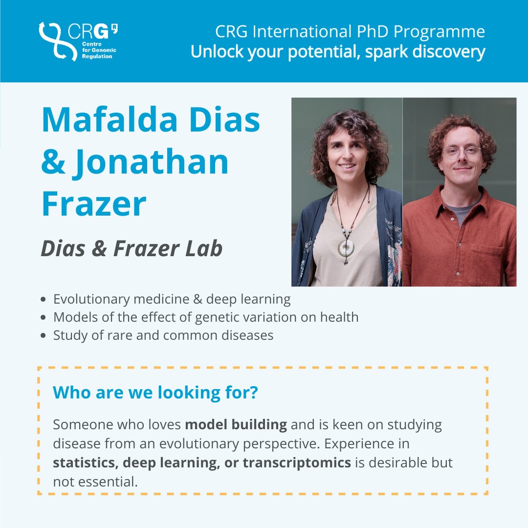 Centre for Genomic Regulation (CRG) (@crgenomica) on Twitter photo <a href="/MafaldaFigDias/">Mafalda Dias</a> & <a href="/Jonnygfrazer/">Jonathan Frazer</a> lab is looking for someone who loves model building and is keen on studying disease from an evolutionary perspective.
Experience in statistics, deep learning, or transcriptomics is desirable but not essential. <a href="/MafaldaFigDias/">Mafalda Dias</a> & <a href="/Jonnygfrazer/">Jonathan Frazer</a> lab is looking for someone who loves model building and is keen on studying disease from an evolutionary perspective.
Experience in statistics, deep learning, or transcriptomics is desirable but not essential.