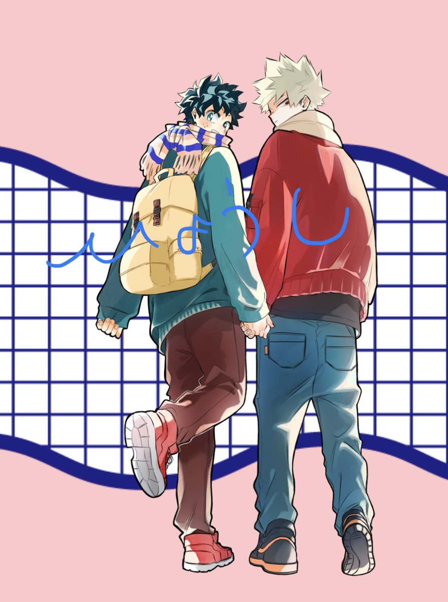 bakugou katsuki ,midoriya izuku multiple boys male focus 2boys backpack scarf pants green hair  illustration images