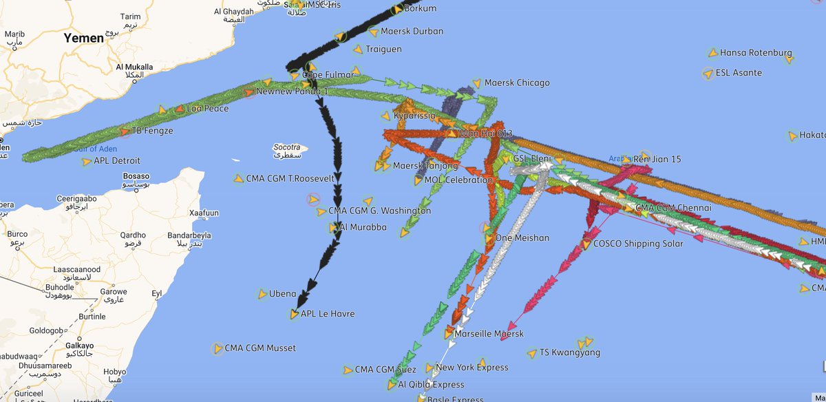 🧵🧵tracking the complete and utter logistics chaos in Europe-bound containership trades as the Houthis realise the widespread disruption they could cause by threatening commercial trade. These boxship diversion patterns last seen after Ever Given blocked the Suez Canal.