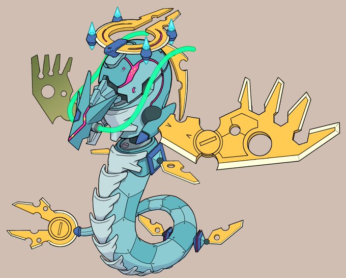 水原さんの咥えてる謎パーツは実はヒゲ発生装置だったという裏設定。

と初期ラフ。竜頭は胸のパーツでしかなく本当の頭(赤い部分)はニョッキリ出てくるギミックがありました。 