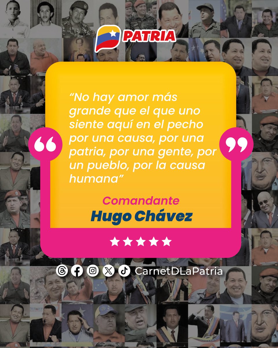 #LoDijoChávez: 'No hay amor más grande que el que uno siente por una causa, por una Patria'. Con el #SistemaPatria, seguimos en batalla por la Felicidad Social del Pueblo. #NavidadEnUnión #19Dic