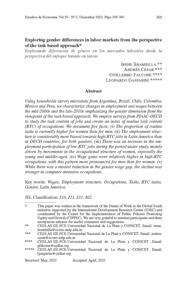 📑Se publicó el trabajo "Explorando diferencias de género en los mercados laborales desde la perspectiva del enfoque basado en tareas" en la revista Estudios de Economía de la Universidad de Chile.

🔗Enlace al trabajo: estudiosdeeconomia.uchile.cl/index.php/EDE/… 

🧵Breve hilo con resumen: