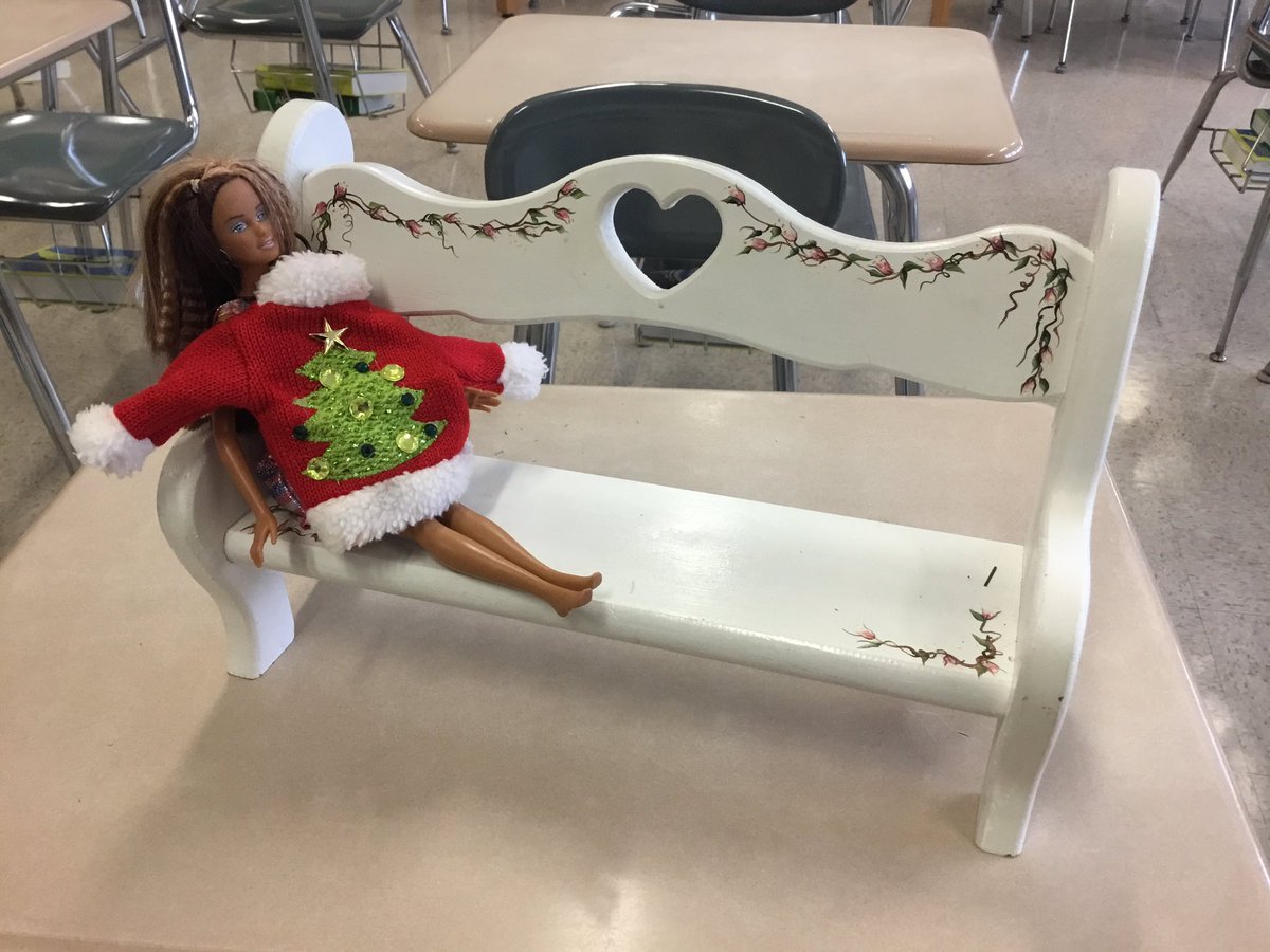 Today is the final day <a href="/rvhspanthers1/">River Valley High School</a> for Barbie on a Bench. She wore her Ugly Christmas Sweater. Find her and her #pantherproblem. <a href="/RVSDPanthers/">River Valley School District</a> #teachertwitter #math