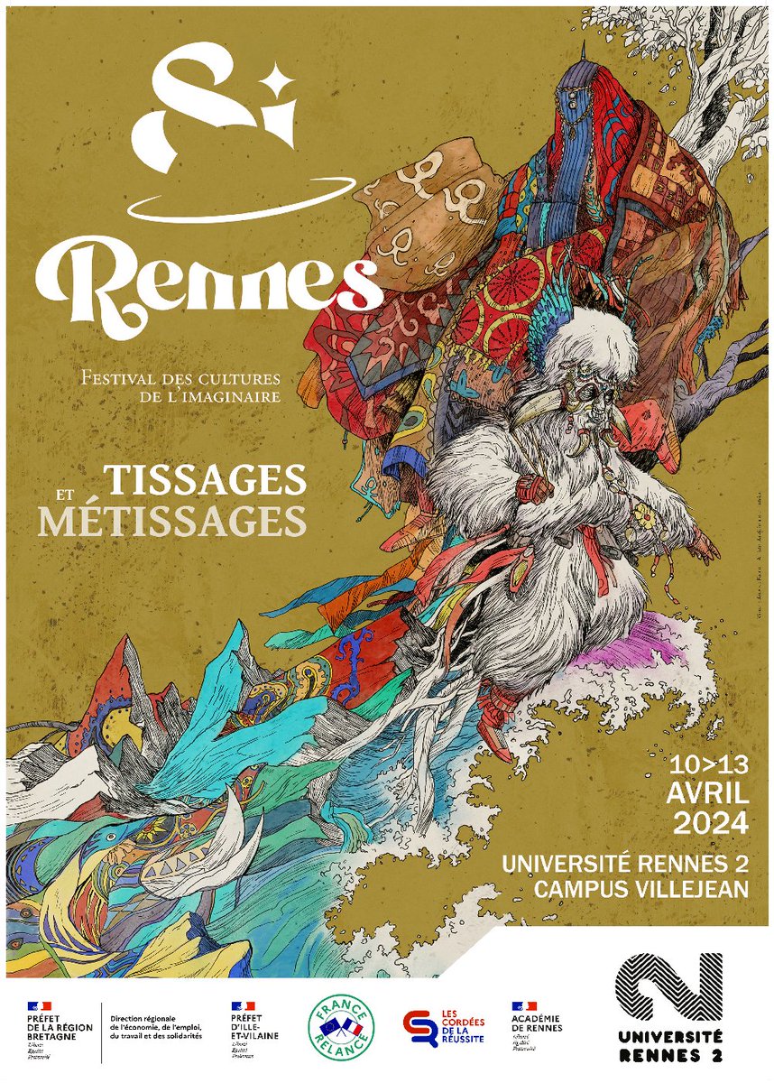 Il est donc temps de vous présenter notre affiche de l'édition 2024 du festival Sirennes, dont la thématique est Tissages et Métissages. L'affiche a été réalisée par Anouck Faure, artiste plurielle, romancière et illustratrice, graveuse, qui aime métisser son propre travail.