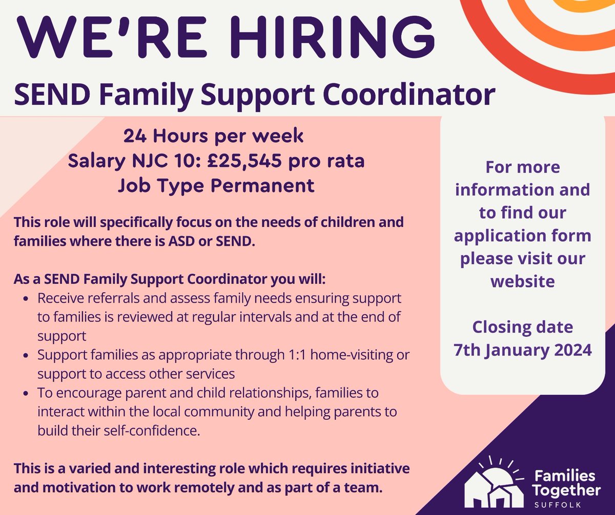An exciting opportunity has arisen to join our SEND Support Team @SuffolkFamilies We're looking for a dedicated SEND Family Support Coordinator to make a difference in the lives of Suffolk families. Download an application and find out more via: familiestogethersuffolk.org.uk