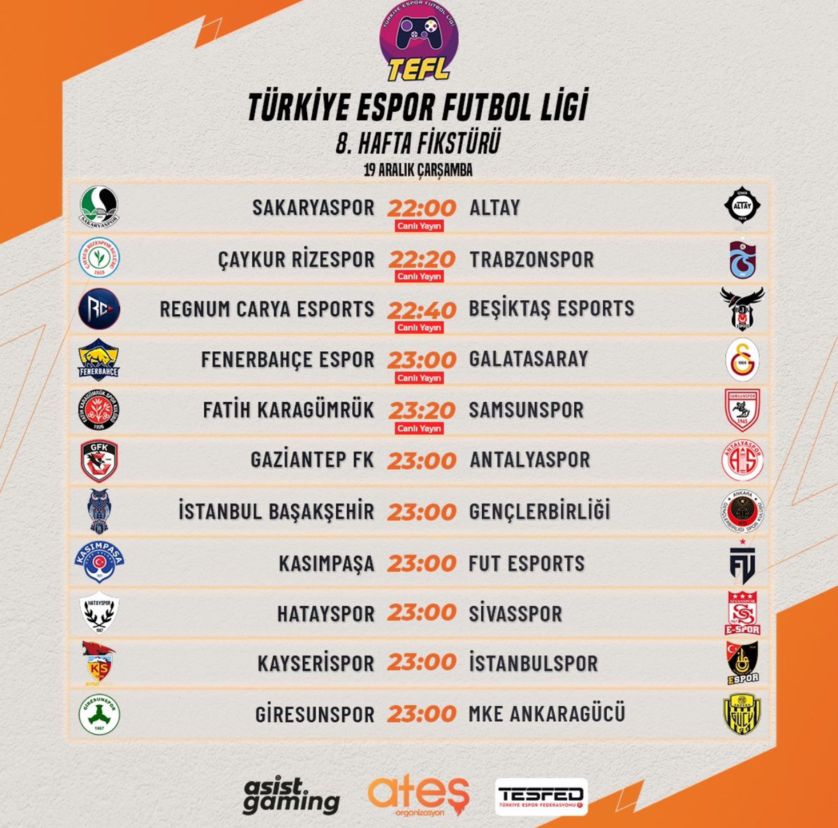 Sakaryaspor Espor (@sakaryaspores) on Twitter photo 🔈 Türkiye Espor Futbol Ligi’nde heyecan, 8.hafta karşılaşmaları ile devam ediyor.⌛⚽🎮
📺 Her haftanın 5 karşılaşması, <a href="/asistgaming/">Asist Gaming</a> ekranlarından canlı yayınlanacak.
📋 İşte 8.haftanın programı: 🔈 Türkiye Espor Futbol Ligi’nde heyecan, 8.hafta karşılaşmaları ile devam ediyor.⌛⚽🎮
📺 Her haftanın 5 karşılaşması, <a href="/asistgaming/">Asist Gaming</a> ekranlarından canlı yayınlanacak.
📋 İşte 8.haftanın programı: