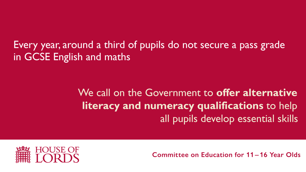 Last week we published our report:

"Requires improvement: urgent change for 11–16 education".

Here is another one of our key recommendations.

Read more here: ukparliament.shorthandstories.com/11-16-educatio…

#KS4 #GCSE #literacy #numeracy