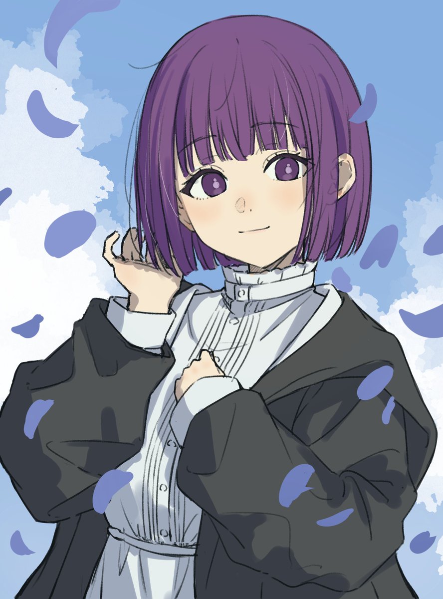 fern (sousou no frieren) 1girl solo purple hair purple eyes smile short hair petals  illustration images