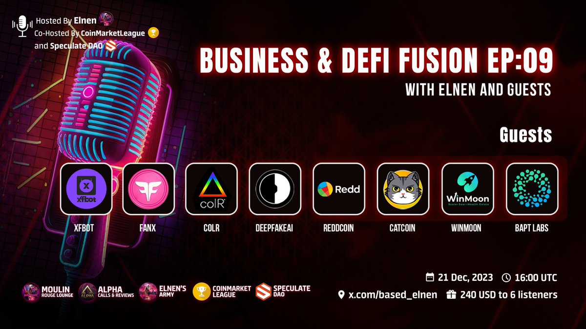 Based Elnen (@based_elnen) on Twitter photo "Business & DeFi Fusion with Elnen and Guests"
🎙EP. 09 & GIVEAWAY 240 USD🎙
🔹21.12. THURSDAY 16:00 UTC⌛️
💵PRIZES 240 USD💵
4x 45 USD
2x 30 USD
🧾RULES👇
1️⃣ LIKE & RETWEET!
2️⃣ TAG 2 FRIENDS!
3️⃣ FOLLOW <a href="/based_elnen/">Based Elnen</a> <a href="/CML_Crypto/">CoinMarketLeague.com</a> <a href="/SpeculateDAO/">Speculate</a>
4️⃣ JOIN👉x.com/i/spaces/1Mnxn… "Business & DeFi Fusion with Elnen and Guests"
🎙EP. 09 & GIVEAWAY 240 USD🎙
🔹21.12. THURSDAY 16:00 UTC⌛️
💵PRIZES 240 USD💵
4x 45 USD
2x 30 USD
🧾RULES👇
1️⃣ LIKE & RETWEET!
2️⃣ TAG 2 FRIENDS!
3️⃣ FOLLOW <a href="/based_elnen/">Based Elnen</a> <a href="/CML_Crypto/">CoinMarketLeague.com</a> <a href="/SpeculateDAO/">Speculate</a>
4️⃣ JOIN👉x.com/i/spaces/1Mnxn…