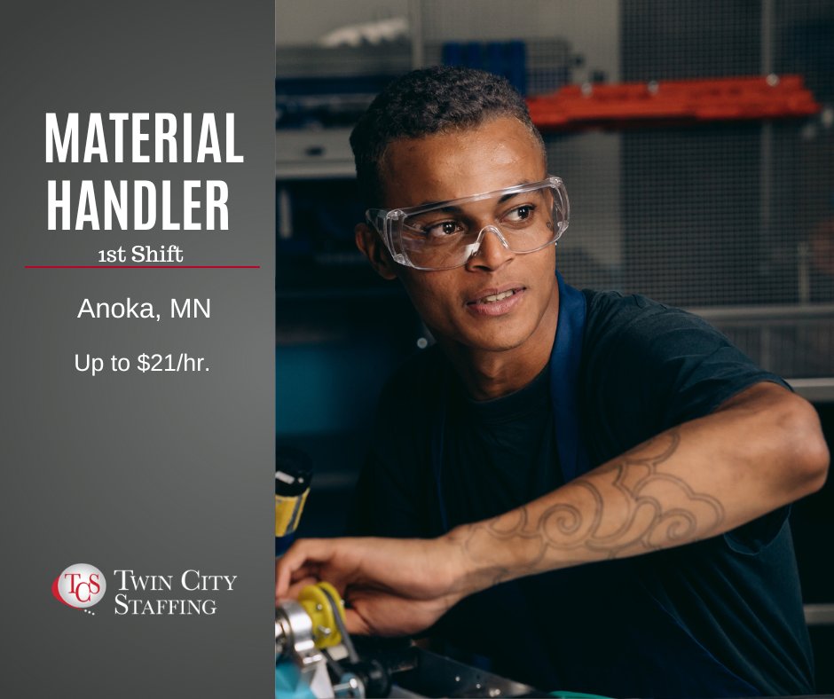 Exciting Opportunity at Twin City Staffing! 
ow.ly/QAIo50Qk9Xj
#CareerOpportunity #MaterialHandler #AnokaMN #JoinOurTeam #NowHiring #ApplyNow #tcsjobs