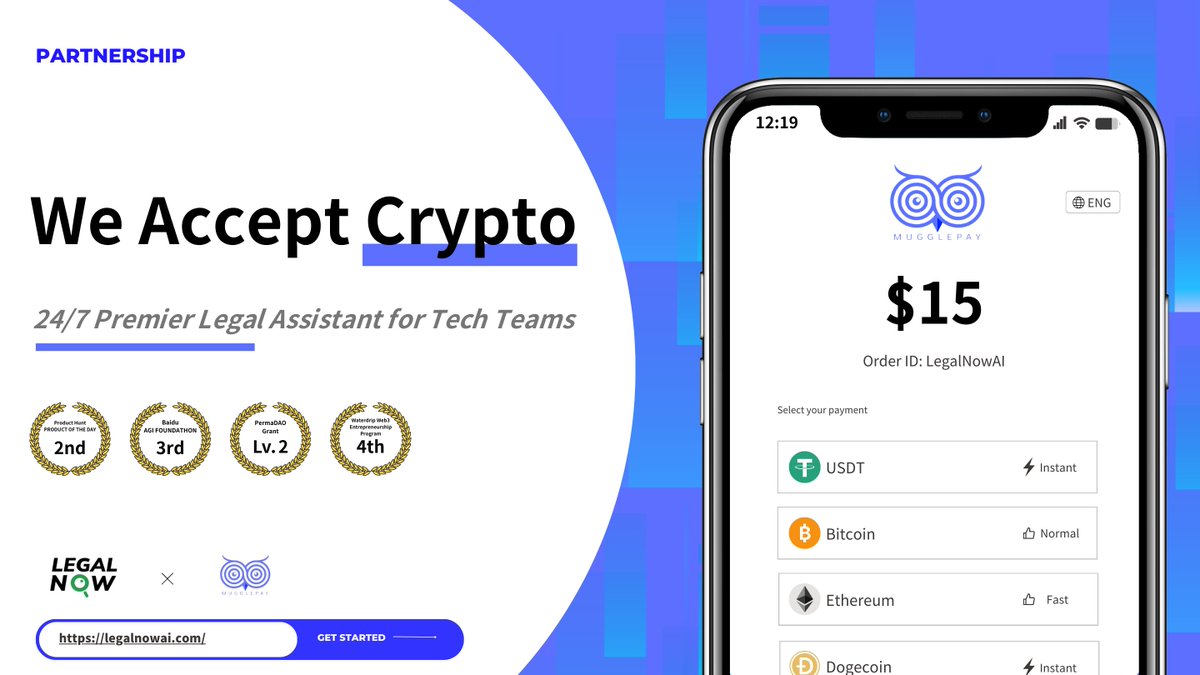 Thrilled to announce our partnership with <a href="/PayMuggle/">MugglePay-Make Payments Crypto Native</a> ! 🚀 Starting 2024, <a href="/LegalNOW_AI/">LegalNOW AI</a> will accept crypto payments, making our legal services more accessible to Web3 teams🔥Get ready for affordable &amp; professional legal assistance at your fingertips! #LegalNowAI #Web3📷
