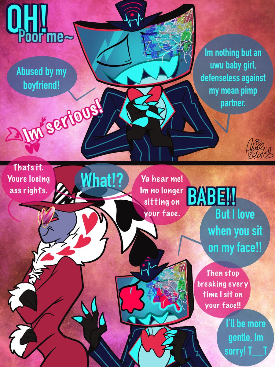 The truth has been revealed! 

It was all a campaign to destroy Val’s reputation.

#HazbinHotel
#VoxVal
#StaticMoth
#HazbinHotelComic
#HazbinHotelFanart
#Vox
#Valentino