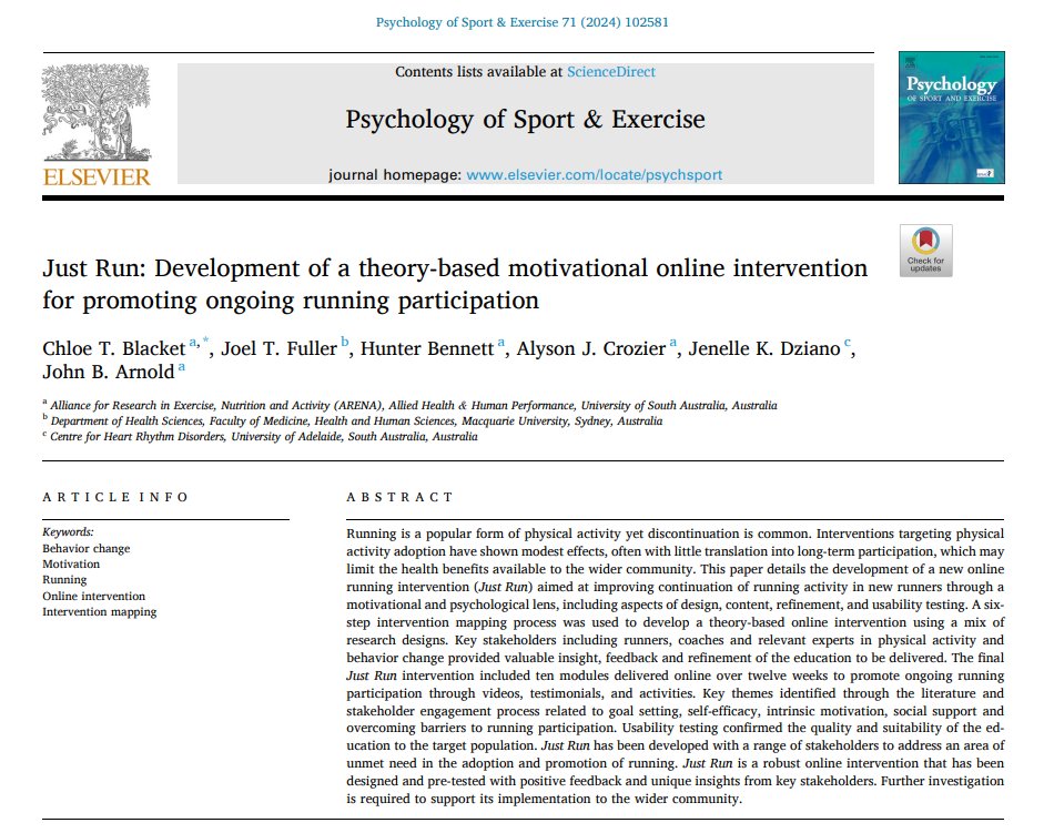 Ben Jane (@benjanefitness) on Twitter photo Just Run: Development of a theory-based motivational online intervention for promoting ongoing running participation
(<a href="/ChloeBlacket/">Chloe Blacket</a> et al, Dec 2023/2024)
doi.org/10.1016/j.psyc… Just Run: Development of a theory-based motivational online intervention for promoting ongoing running participation
(<a href="/ChloeBlacket/">Chloe Blacket</a> et al, Dec 2023/2024)
doi.org/10.1016/j.psyc…