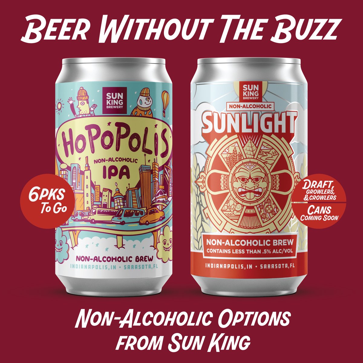 Need a break from the buzz this holiday season? Sun King has you covered! 🍻Introducing 2 Non-Alcoholic Beers🍻 ☀️NA Sunlight: All the crisp refreshment without the alcohol. 👑Hopopolis IPA: Hops, flavor, and the perfect NA alternative.