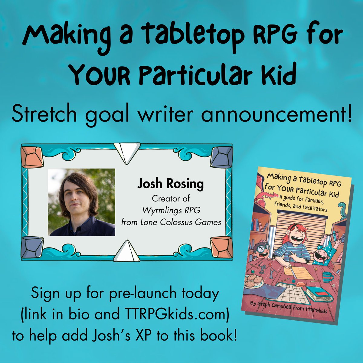 One of the stretch goal writers for my next project is Josh from @LoneColossus and creator of Wyrmlings RPG! Sign up for pre-launch today to help bring Josh's sample game ideas to the book! #TTRPGkids #Crowdfundr @crowdfundr