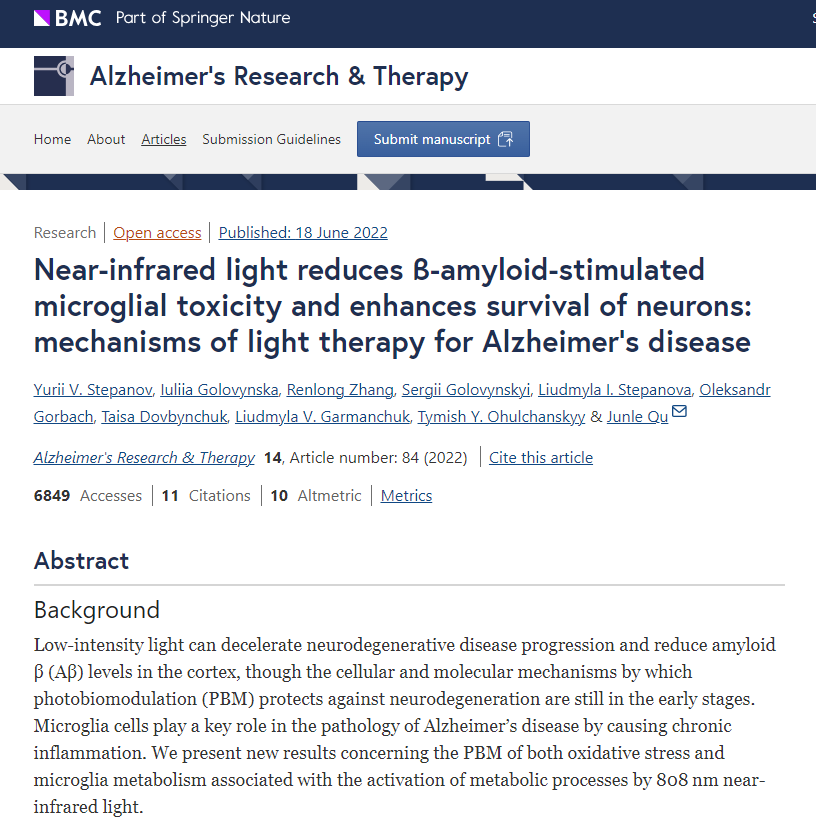 NEAR INFRARED LIGHT & ALZHEIMERS DISEASE This specific light range just after the red light range not only protects against neurodegeneration but may also slow the progression of Alzheimer's and dementia related diseases. Start using red light therapy as soon as you or your