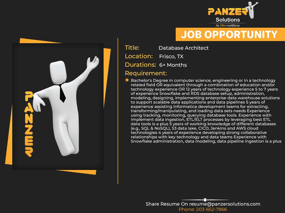 panzersolution's tweet image. Job Title: Database Architect
Location: Frisco, TX
Duration: 6+ Months
Share resumes at resume@panzersolutions.com
Or for more job requirements, click on the below link
Click Here: panzersolutions.com/jobopportunuti…
#PanzerSolutions #DatabaseArchitect #database #architect #jobs #texas