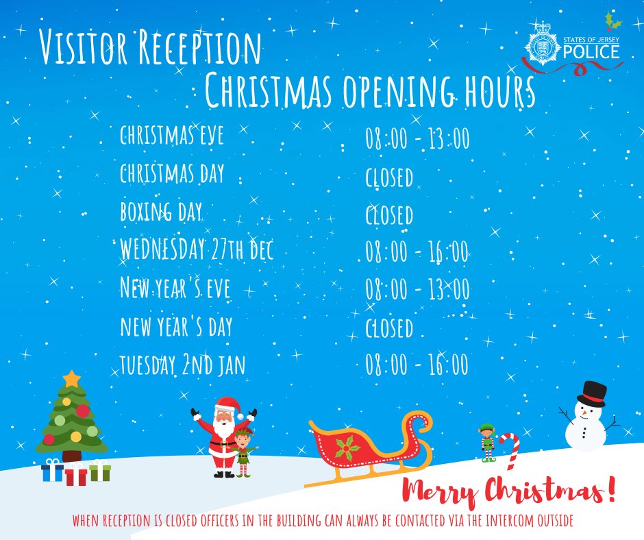 Our Visitor Reception opening hours over the Christmas period are slightly different to our normal hours of 08:00 - 20:00 Although the front desk may be closed on some days over Christmas, officers are in the building 24/7 and can be contacted using the intercom outside. 🎅🎄🎁