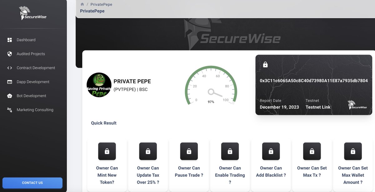 SecureWise (@securewiseaudit) on Twitter photo We are happy to announce that <a href="/savingpvtpepe/">SavingPrivatePepe</a> has completed Smart Contract AUDIT with SecureWise
Check out the report
audits.securewise.org/PrivatePepe
PRIVATE PEPE (PVTPEPE)
savingprivatepepe.wtf
#BSC #BSCNews #BSCGEMS #Audit We are happy to announce that <a href="/savingpvtpepe/">SavingPrivatePepe</a> has completed Smart Contract AUDIT with SecureWise
Check out the report
audits.securewise.org/PrivatePepe
PRIVATE PEPE (PVTPEPE)
savingprivatepepe.wtf
#BSC #BSCNews #BSCGEMS #Audit